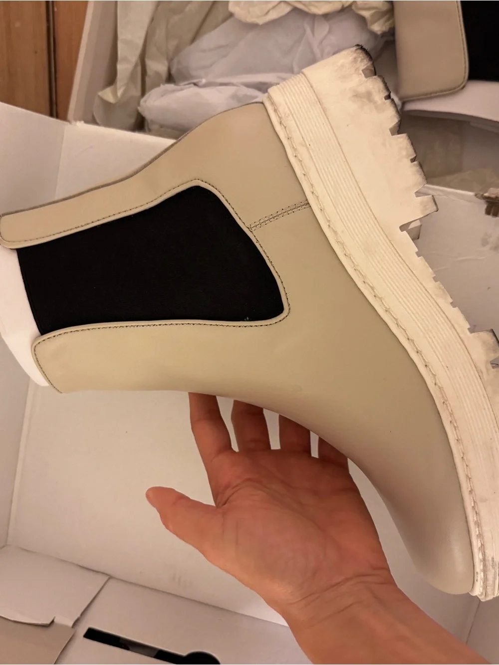 Marc Fisher Cream Chelsea Lug Sole Ankle Boots with Black Elastic